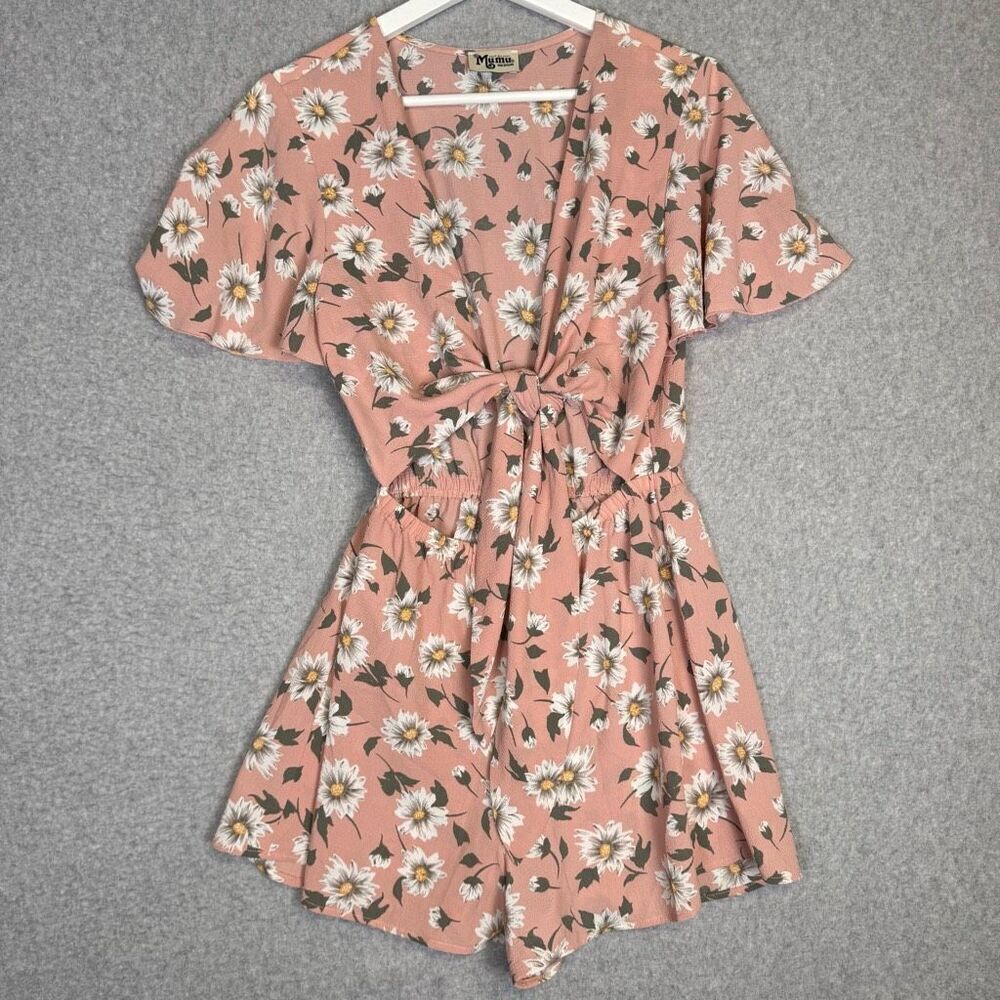 Show Me Your Mumu Gia Daisy Floral Print Tie Front Romper Size Medium Blush Pink